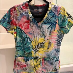Grey's Anatomy Tropical Leaf Print Scrub Top - Teal, Yellow, Pink